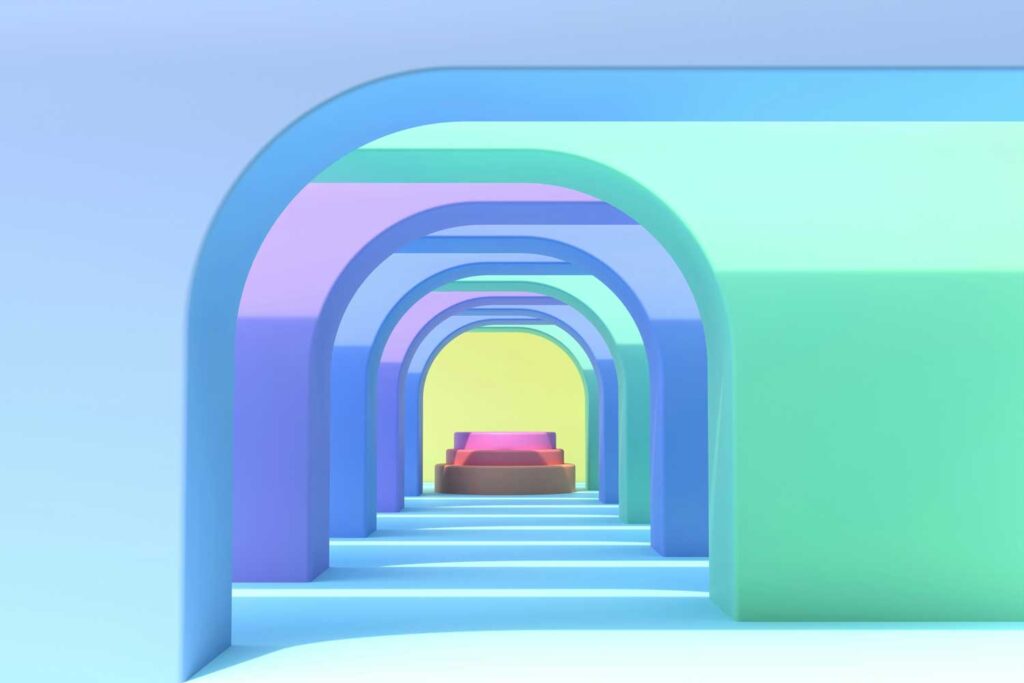 colour concept of arches leading to a button or platform