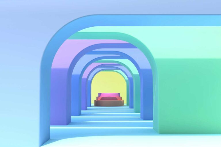 call to action design tips represented by pastel coloured arches leading to a button or platform in the distance