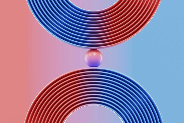 abstract concept image with 2 semi circles, one is upwards like a smile, other curves downwards. there's a 3d ball balancing in the middle of the two.